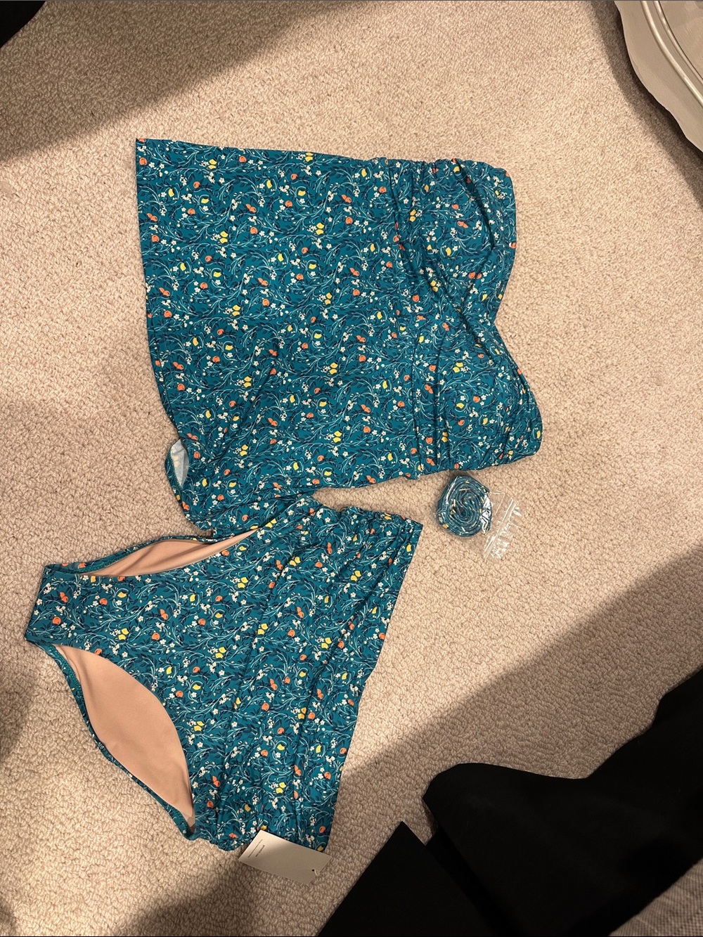 Garnet Hill Teal Floral 2 pc Swim Tankini Top and Bottom